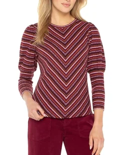Liverpool Los Angeles 3/4 Juliette Sleeve Crew Neck Knit Top W/ Miter Burgundy Multi Stripe Sale