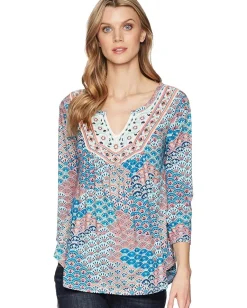 Roper 1575 Printed Ity Jersey Peasant Top Blue Sale