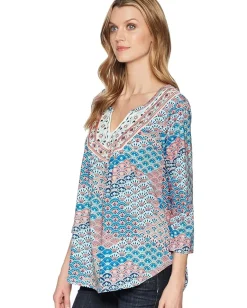 Roper 1575 Printed Ity Jersey Peasant Top Blue Sale
