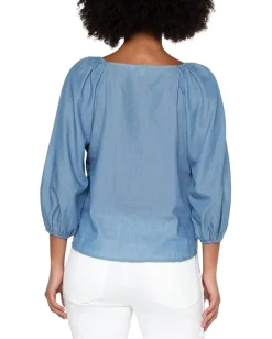 Liverpool Los Angeles 3/4 Pull Sleeve Square Neck Woven Top with Trim Bridgeton Light Hot