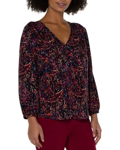 Liverpool Los Angeles 3/4 Sleeve Double V-Neck Woven Top Batik Paisley All Over Print Outlet