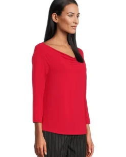 Liverpool Los Angeles 3/4 Sleeve Draped Neck Knit Top Tango Red Clearance