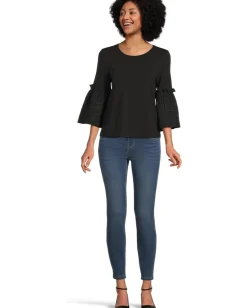 Liverpool Los Angeles 3/4 Sleeve Embroidered Knit to Woven Top Black Clearance