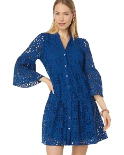 Lilly Pulitzer 3/4 Sleeve Hazelanne Eyelet Dress Oyster Bay Navy Funflower Eyelet Hot