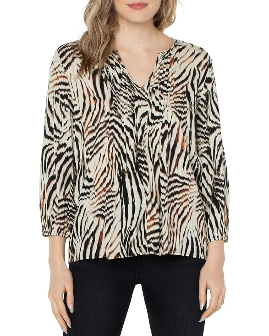 Women Liverpool Los Angeles 3/4 Sleeve Peasant Top with Pin Tucks