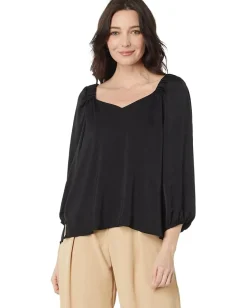 Vince Camuto 3/4 Sleeve Ruch Shoulder V-Neck Rumple Rich Black Outlet
