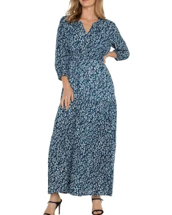 Liverpool Los Angeles 3/4 Sleeve Tiered Woven Maxi Dress Blue Topaz Animal