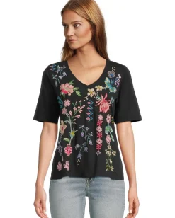 Johnny Was 3/4 Sleeve Trapunto V-neck Tee Black Online