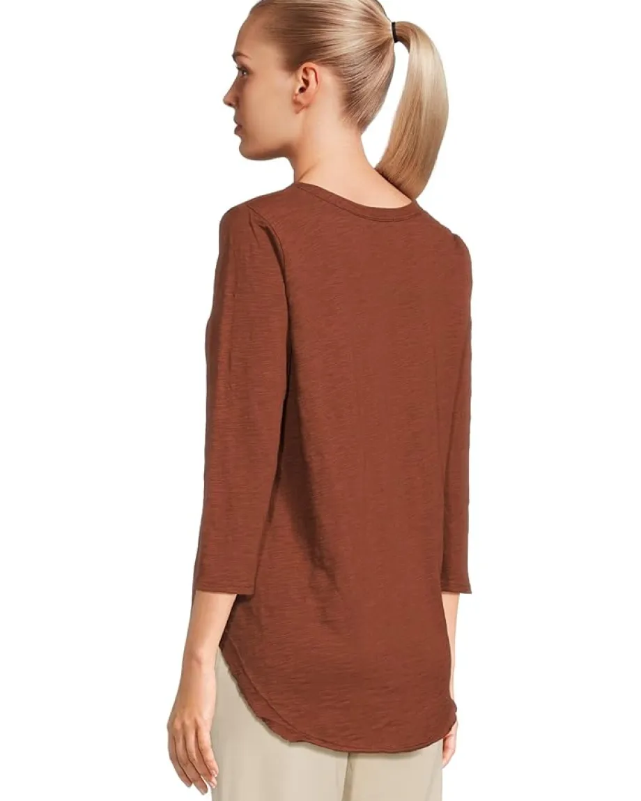 Mod-o-doc 3/4 Sleeve V-Neck Tee with Curved Hem Maple Syrup New