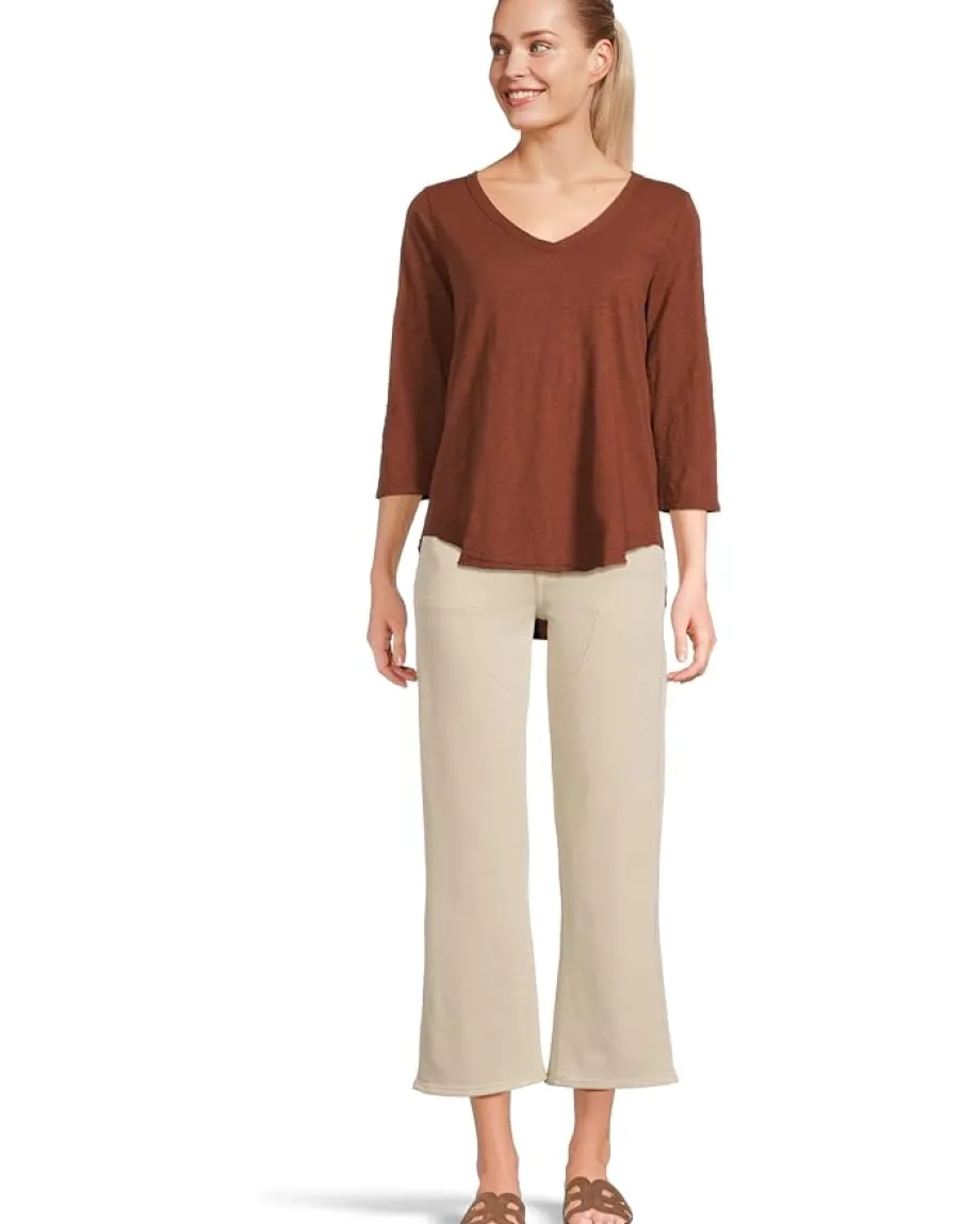 Mod-o-doc 3/4 Sleeve V-Neck Tee with Curved Hem Maple Syrup New