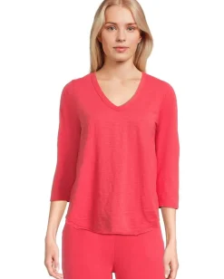 Mod-o-doc 3/4 Sleeve V-Neck Tee with Curved Hem Glazed Cherry Sale