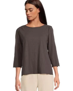 Mod-o-doc 3/4 Sleeve Waffle Mix Media Open Crew Neck Tee Washed Ebony Hot