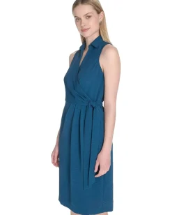 Calvin Klein Aerowash Collared Elastic Waist Self Tie Midi Cypress Best
