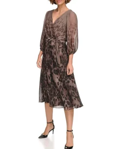 DKNY Balloon Sleeve Faux Wrap Dress Brown Multi Outlet