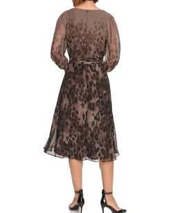 DKNY Balloon Sleeve Faux Wrap Dress Brown Multi Outlet