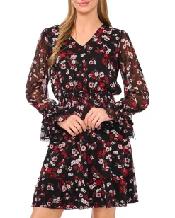 Women CeCe Balloon Sleeve V-Neck Smocked Waist Dress