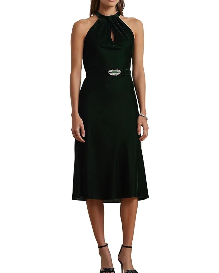 Women Lauren Ralph Lauren Belted Velvet Halter Dress