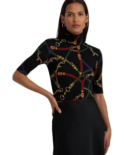 Lauren Ralph Lauren Belting-Print Stretch Jersey Turtleneck Black/Blue Multi