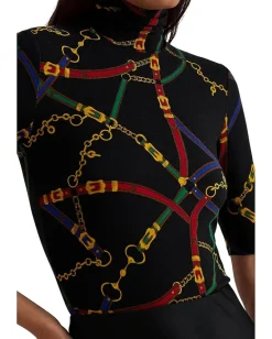 Lauren Ralph Lauren Belting-Print Stretch Jersey Turtleneck Black/Blue Multi