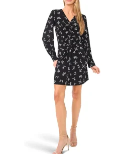 CeCe Bow Print Button Front Shirred Knit Dress Rich Black Online