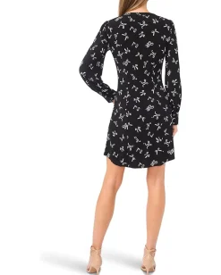 CeCe Bow Print Button Front Shirred Knit Dress Rich Black Online