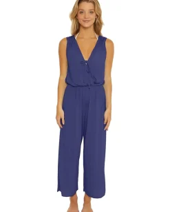 BECCA Breezy Basics Wrap Front Jumpsuit Cover-Up Deep Water Clearance