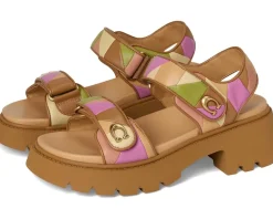 COACH Brynn Platform Quilted Patchwork Leather Sandals Honey Brown/Multi Hot