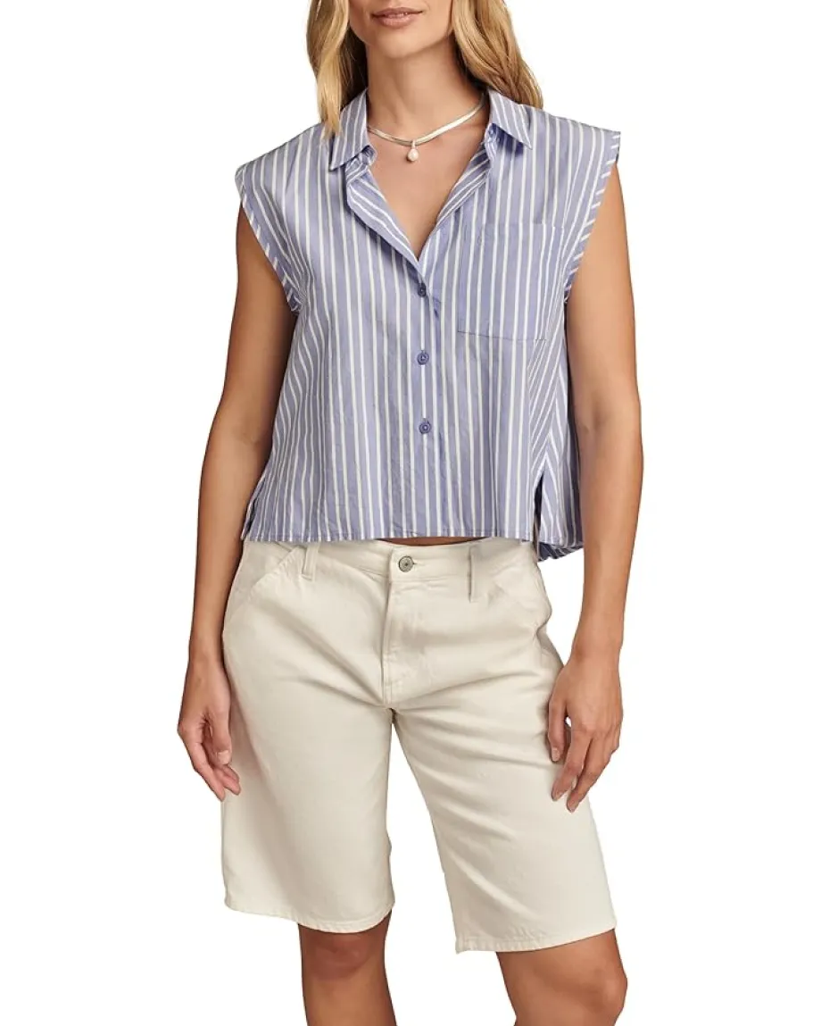 Lucky Brand Bubble Hem Sleeveless Button Down Blue Stripe Clearance