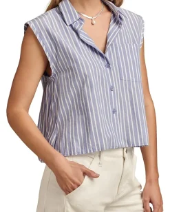 Lucky Brand Bubble Hem Sleeveless Button Down Blue Stripe Clearance