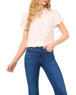 Women CeCe Bubble Sleeve Split Neck Blouse With Tie