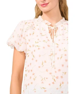 Women CeCe Bubble Sleeve Split Neck Blouse With Tie