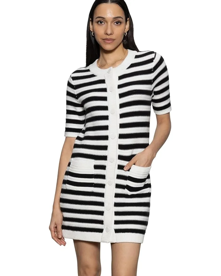 Sanctuary Button Front Knitted Dress Chalk/Black Stripe New