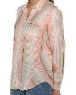 Liverpool Los Angeles Button Front Shirt with 3/4 Sleeve Ombre Woven Stripe Orange Tan Multi Sale