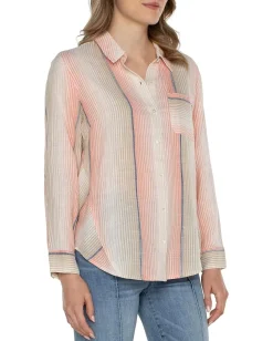 Liverpool Los Angeles Button Front Shirt with 3/4 Sleeve Ombre Woven Stripe Orange Tan Multi Sale