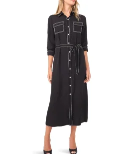 Vince Camuto Button-Up Shirt Dress with Contrast Stitching Rich Black Sale