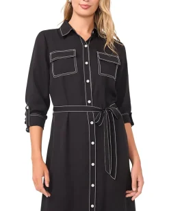 Vince Camuto Button-Up Shirt Dress with Contrast Stitching Rich Black Sale