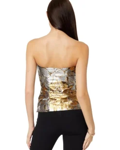 Lilly Pulitzer Camilo Strapless Floral Jacquard Top Gold Metallic Peony Parade Brocade Hot