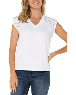 Liverpool Los Angeles Cap Sleeve Dolman V-neck Knit Top With Embroidery White/Embroidery Online