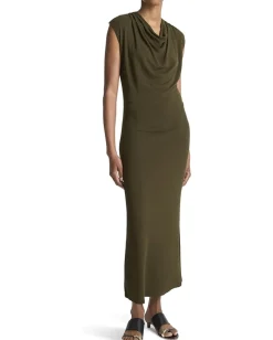 Vince Cap Sleeve Draped Cowl Neck Dress Verde New