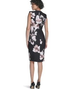 Calvin Klein Cap Sleeve Floral Scuba Sheath Black/Luggage Multi