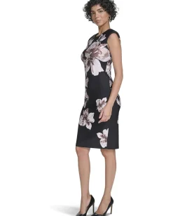 Calvin Klein Cap Sleeve Floral Scuba Sheath Black/Luggage Multi
