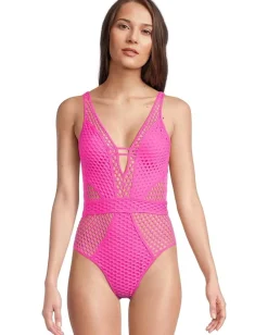 BECCA Castaway Fishnet Texture Plunge One Piece Azalea Hot