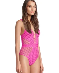 BECCA Castaway Fishnet Texture Plunge One Piece Azalea Hot