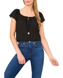 Women CeCe Center Front Tie Round Neckline Flutter Sleeve Top