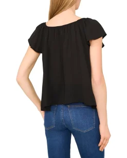 Women CeCe Center Front Tie Round Neckline Flutter Sleeve Top