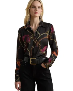 Lauren Ralph Lauren Classic Fit Belting-Print Satin Shirt Black Multi New