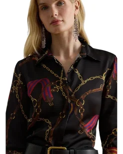 Lauren Ralph Lauren Classic Fit Belting-Print Satin Shirt Black Multi New