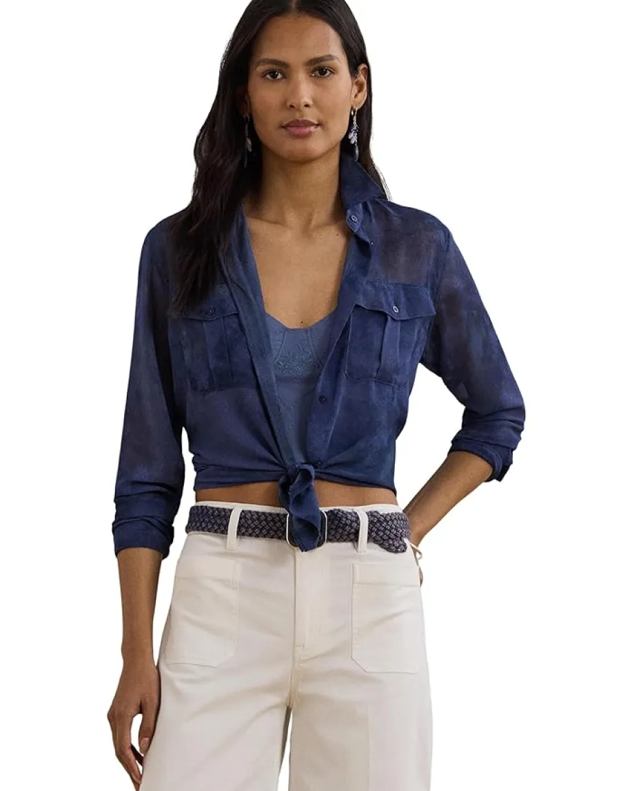 Lauren Ralph Lauren Classic Fit Print Chiffon Shirt Blue Multi New