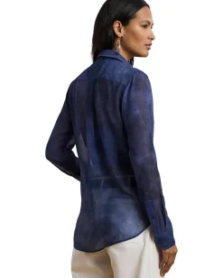 Lauren Ralph Lauren Classic Fit Print Chiffon Shirt Blue Multi New