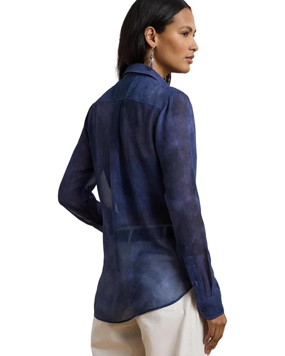 Lauren Ralph Lauren Classic Fit Print Chiffon Shirt Blue Multi New